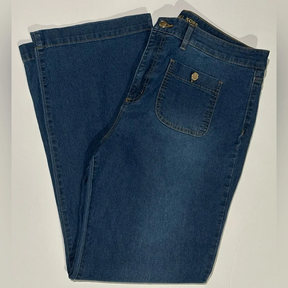 Michael Kors Womens Med Dark Wash Wide Leg Jeans Size 16 Flat Front Pockets
